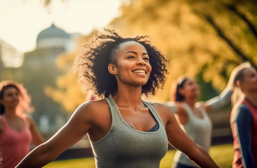 women stretching arms outdoor. Yoga class doing breathing exercise at park.