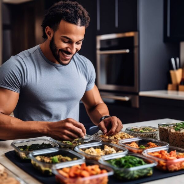 man enjoying a homemade meal prep with containers filled with nutritious and portioned meals