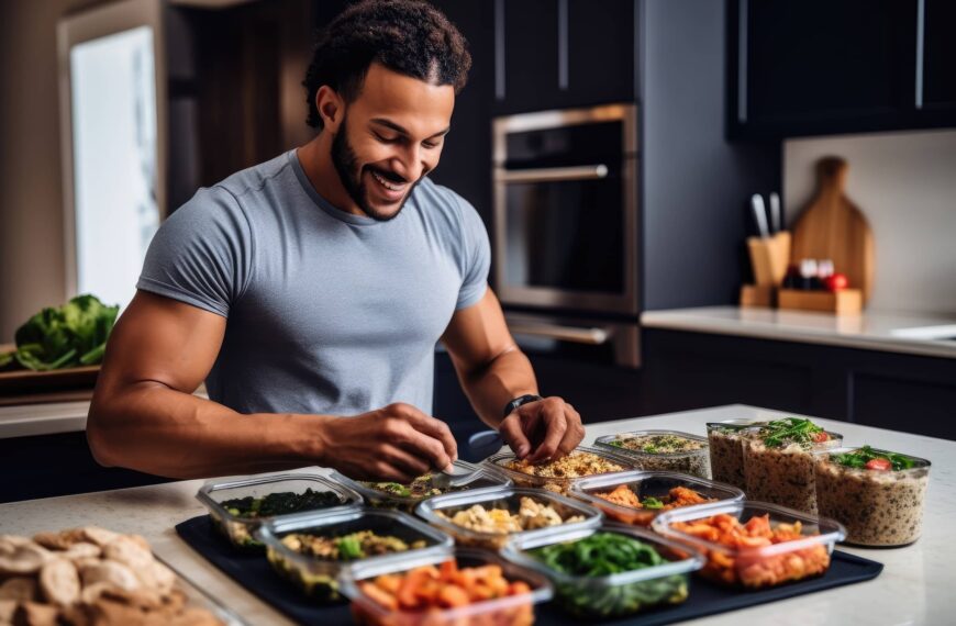 man enjoying a homemade meal prep with containers filled with nutritious and portioned meals