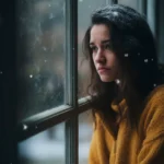 Sad and contemplative woman looking out the window alone