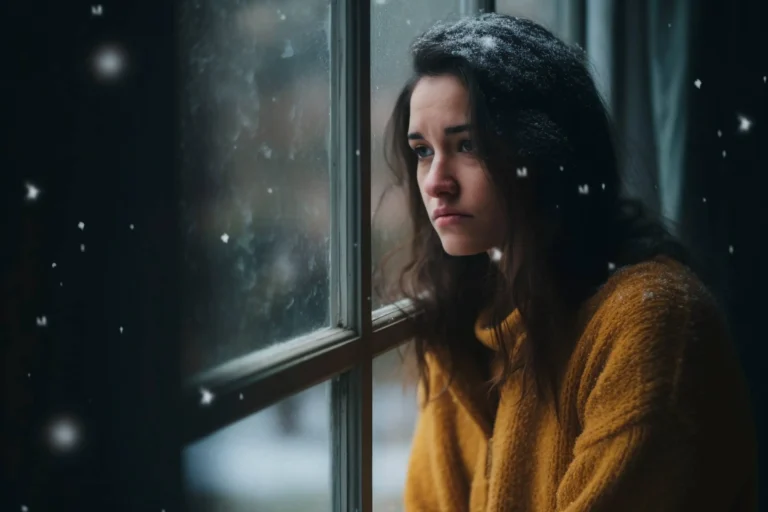 Sad and contemplative woman looking out the window alone