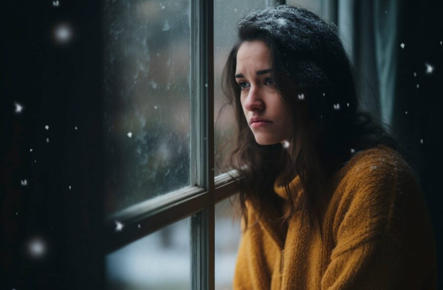 Sad and contemplative woman looking out the window alone