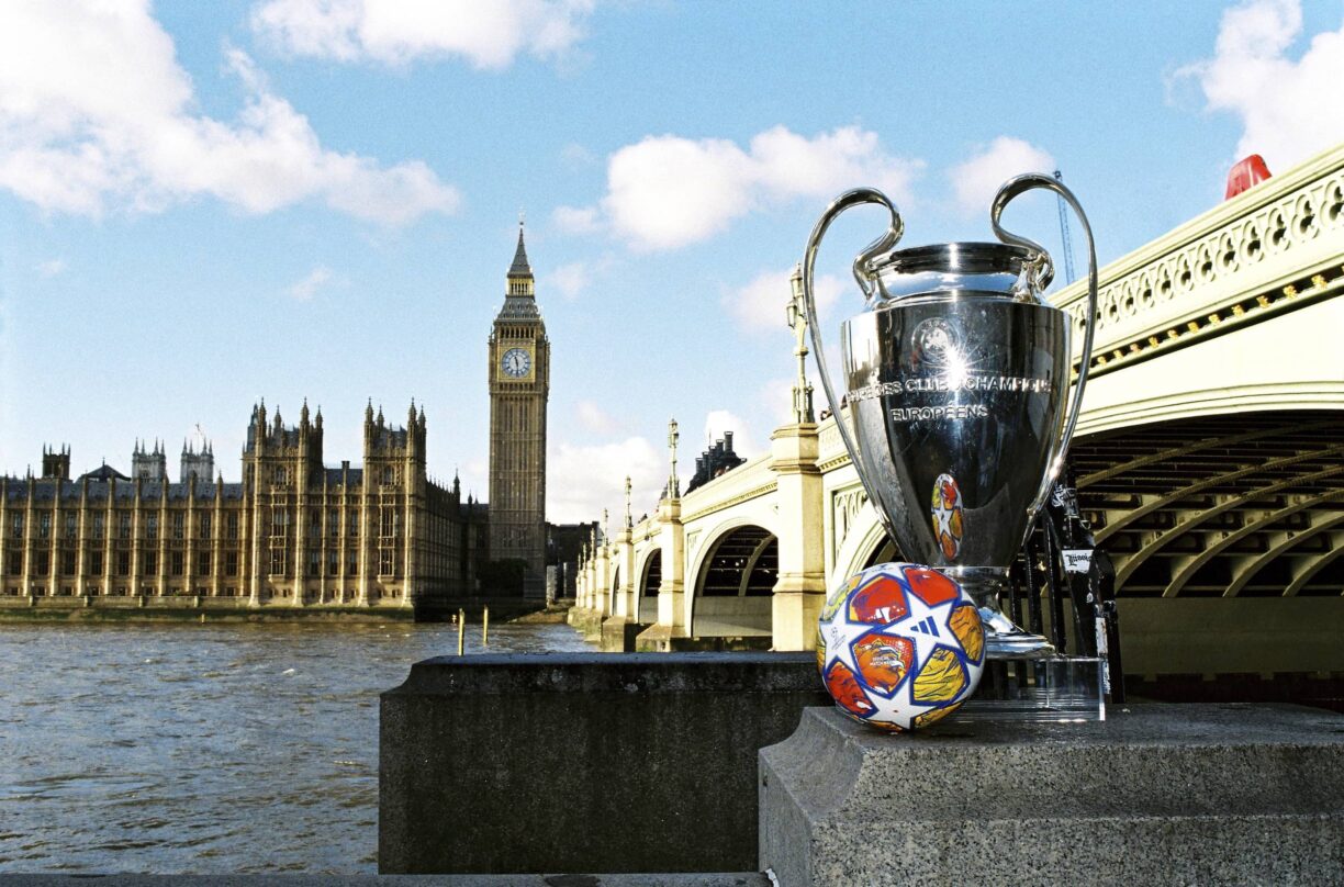 UEFA Champions League ball with Westminster in background