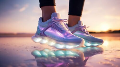 shoes for sports and fitness, running and speed. sneakers of the future with neon glow.