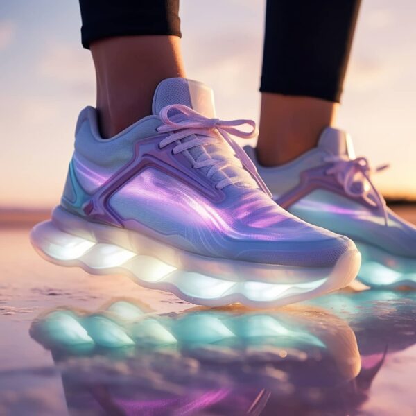 shoes for sports and fitness, running and speed. sneakers of the future with neon glow.