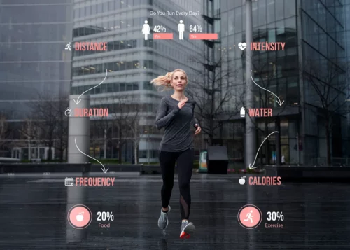 woman runs near building with app data across it
