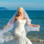 Bride on beach by the sea