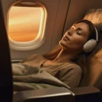 sleeping and listening to headphones on airplane long haul flight