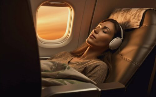 sleeping and listening to headphones on airplane long haul flight