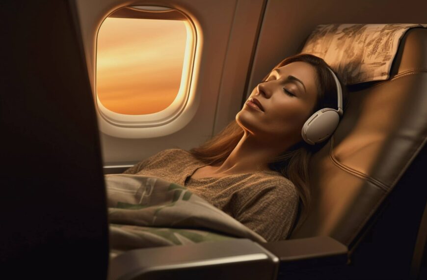 sleeping and listening to headphones on airplane long haul flight