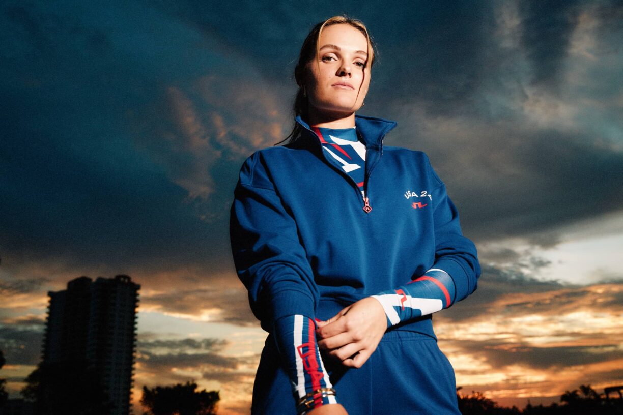 Model wears J.Lindeberg Red, White, Blue for Gold Apparel