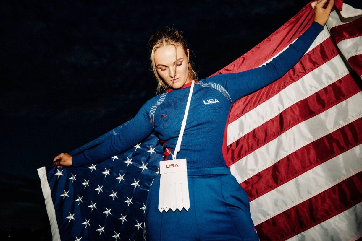 Model wears J.Lindeberg Red, White, Blue for Gold Apparel