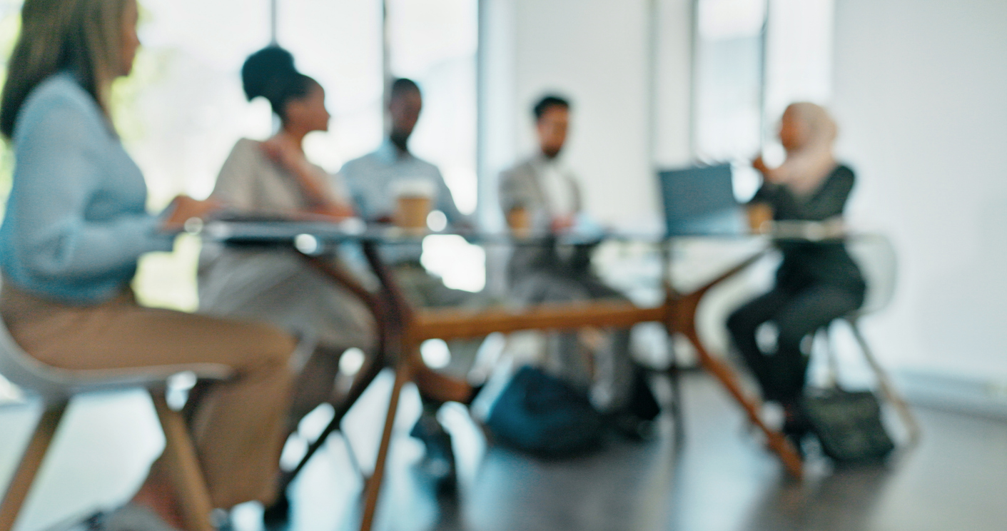 Blurry, corporate and staff brainstorming, innovation and set deadlines in meeting, partnership and sales growth. Blur, team and employees share ideas, confirm budget and collaboration in workplace