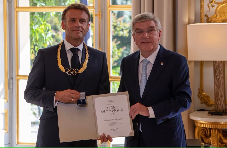 Emmanuel Macron Presented Olympic Order in Gold by Thomas Bach