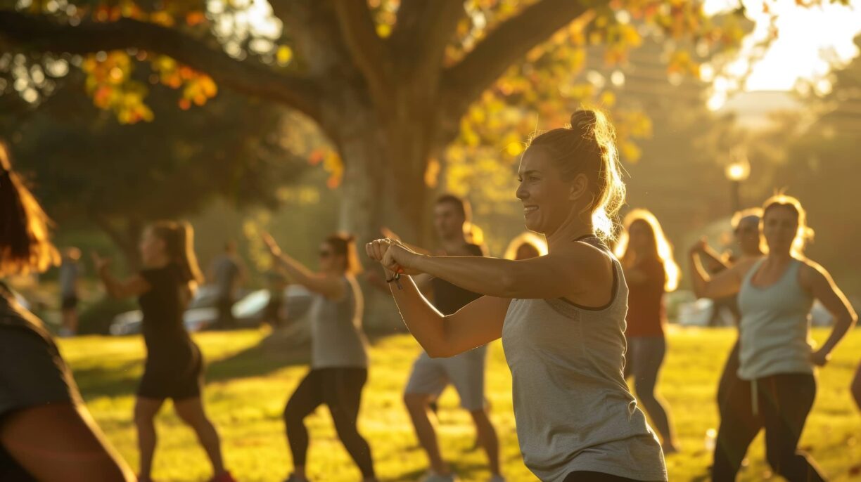 Group of people exercise in a park