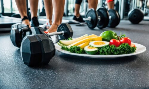 Plate of healthy food next to dumbells in a gym