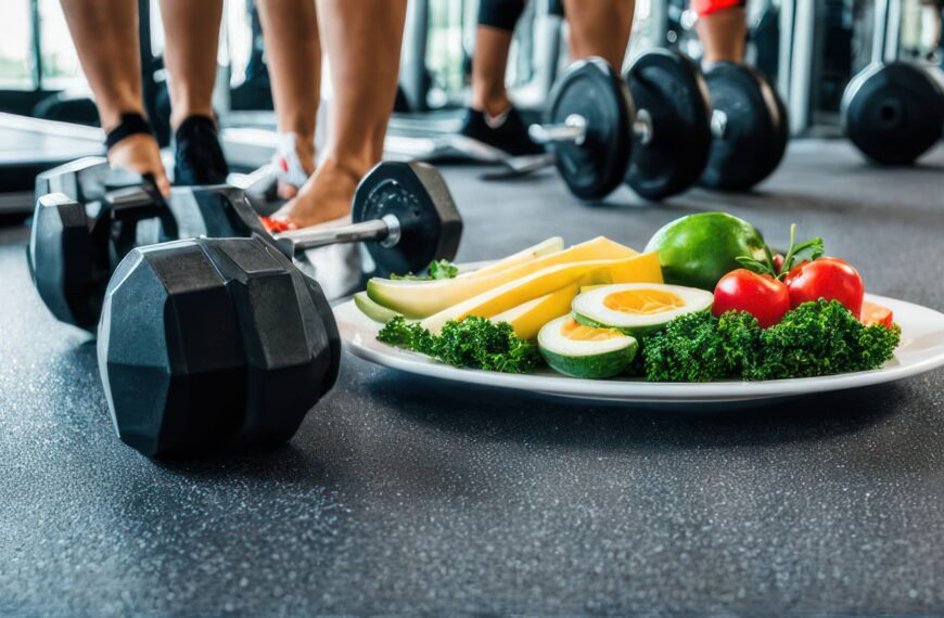 Plate of healthy food next to dumbells in a gym