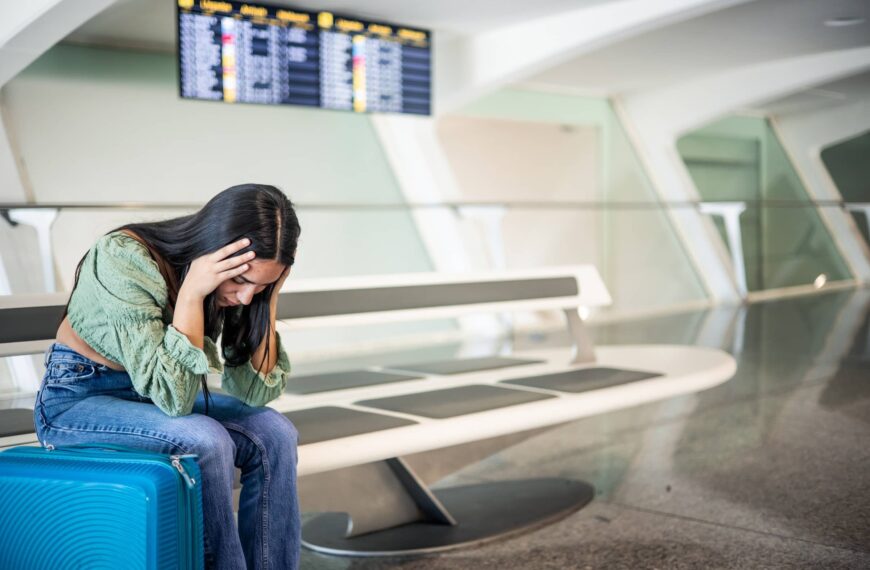 sad person at the airport because her flight has been canceled