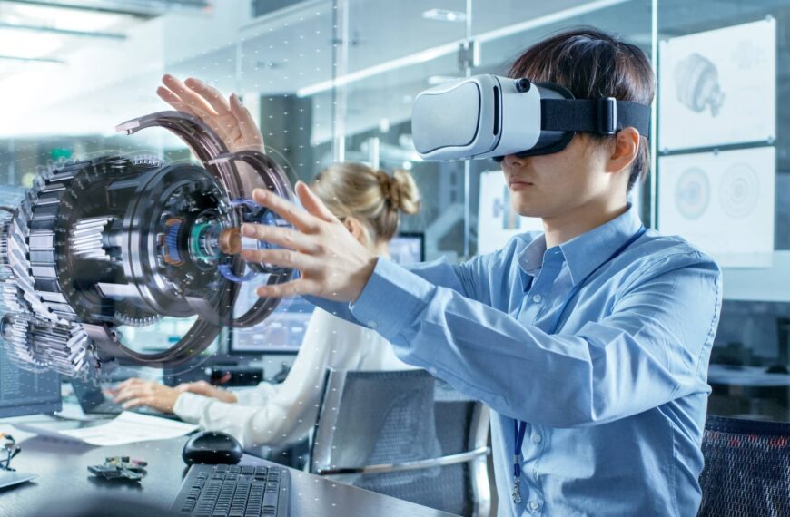 Computer Science Engineer wearing Virtual Reality Headset Works with 3D Model Hologram Visualisation