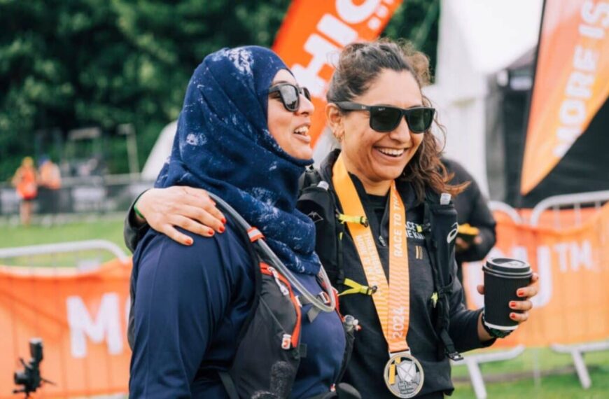 Women congratulate each over after marathon race