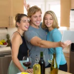 Young couple and third wheel having fun at home pose for a selfie