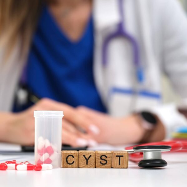 A healthcare professional examines treatment options for cysts, considering medication and specialized tools