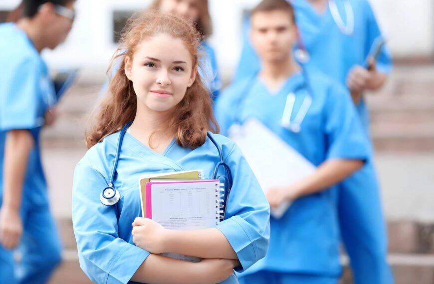 Young Nurses:Doctors on steps with study books