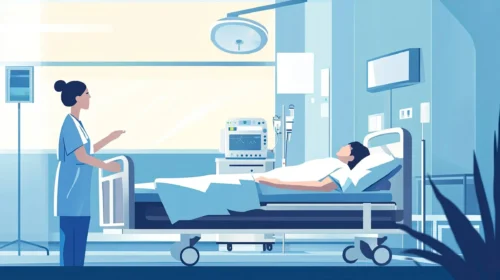 A flat vector of a nurse taking care of a patient in a hospital room.