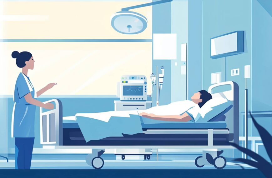A flat vector of a nurse taking care of a patient in a hospital room.