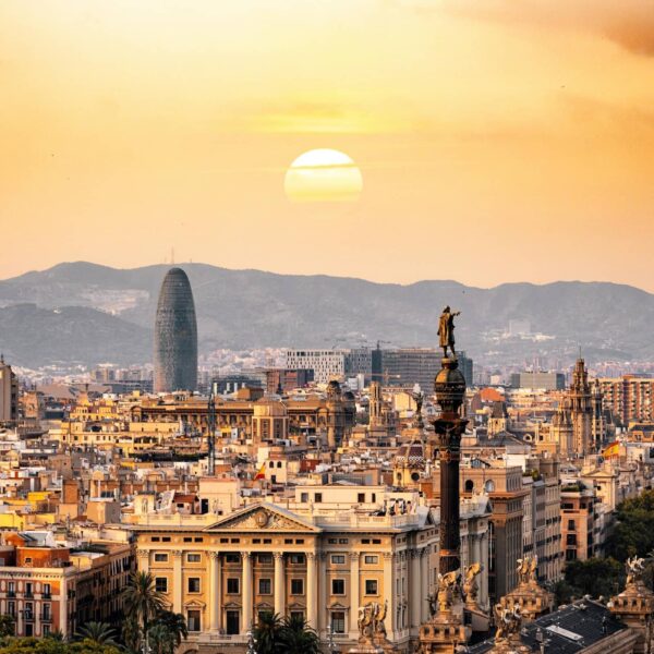 Barcelona with sun in background