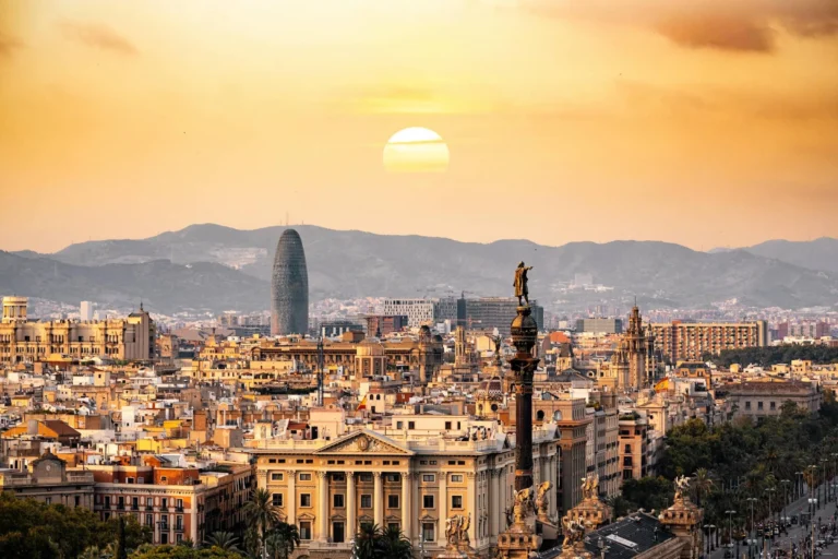 Barcelona with sun in background