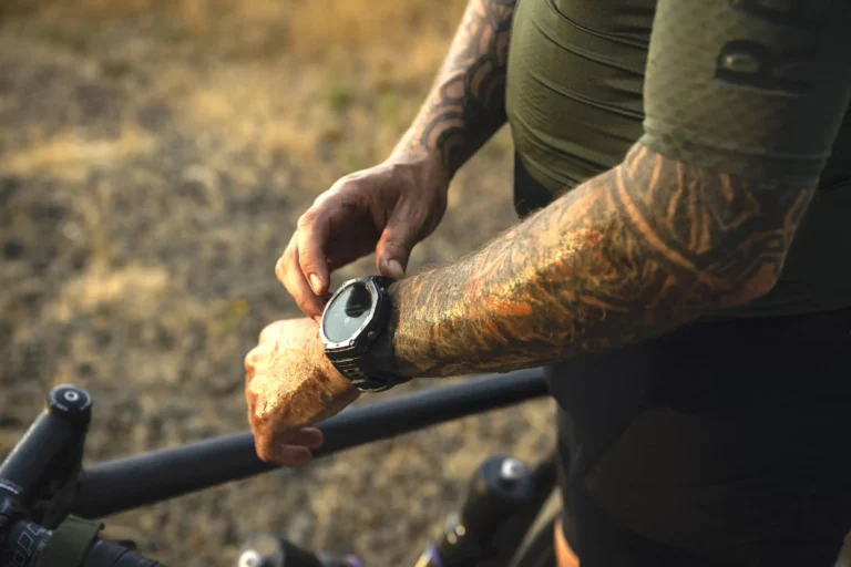 Cyclist wearing Amazfit smartwatch