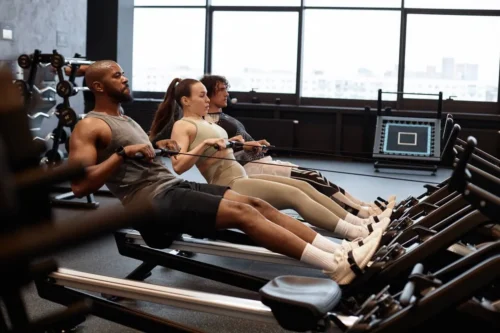 Gym members on rowing machines