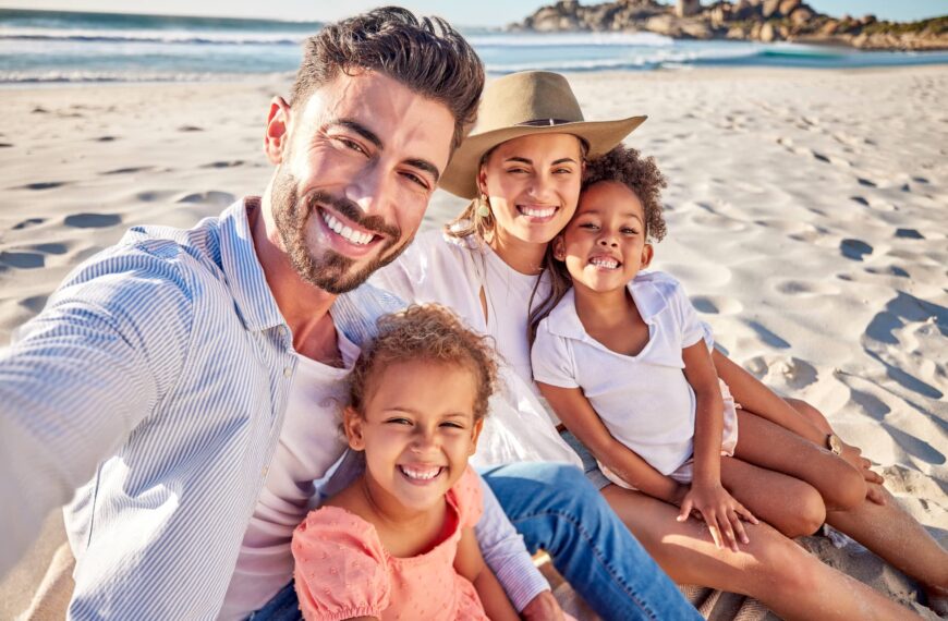 Family, selfie and kids bonding on beach in trust, safety and security summer holiday