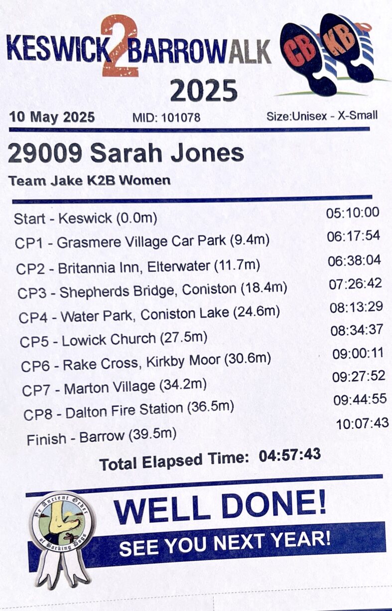Sarah Jones' K2B finisher's time card