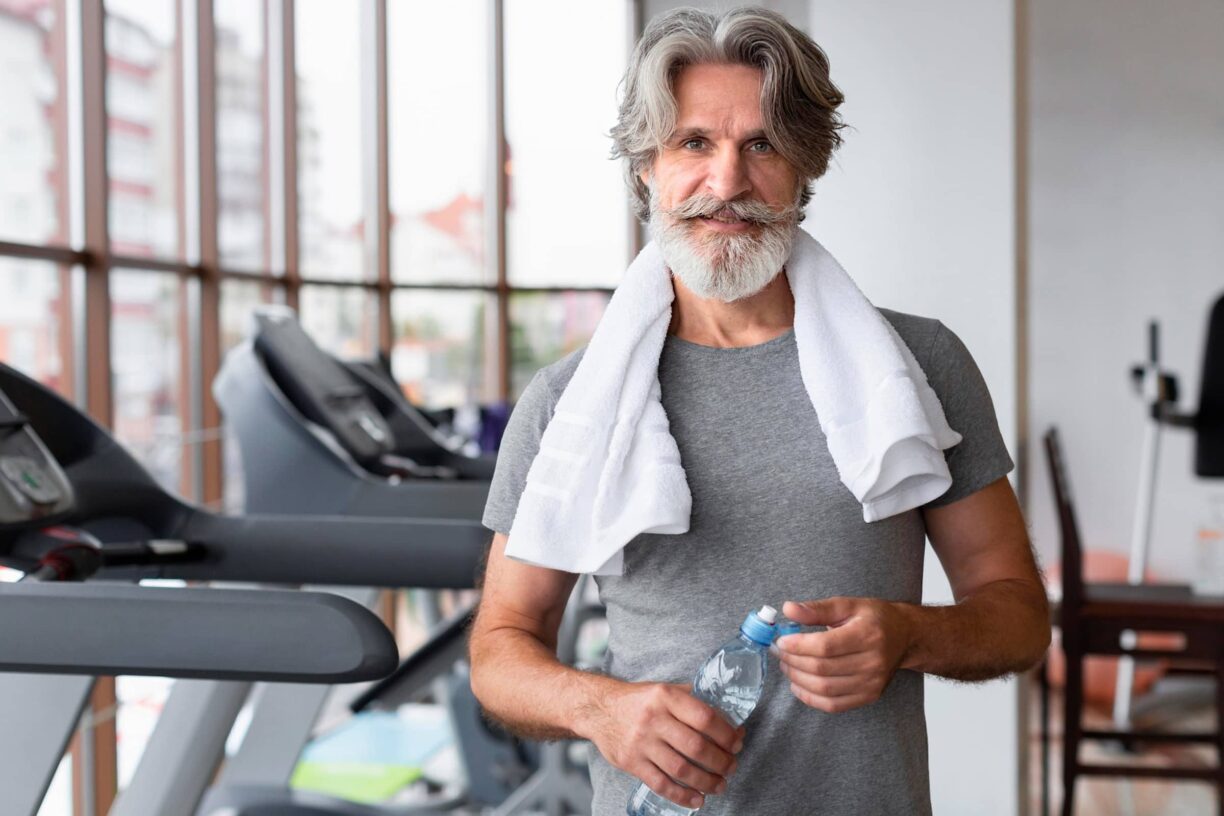 older man in gym with towel