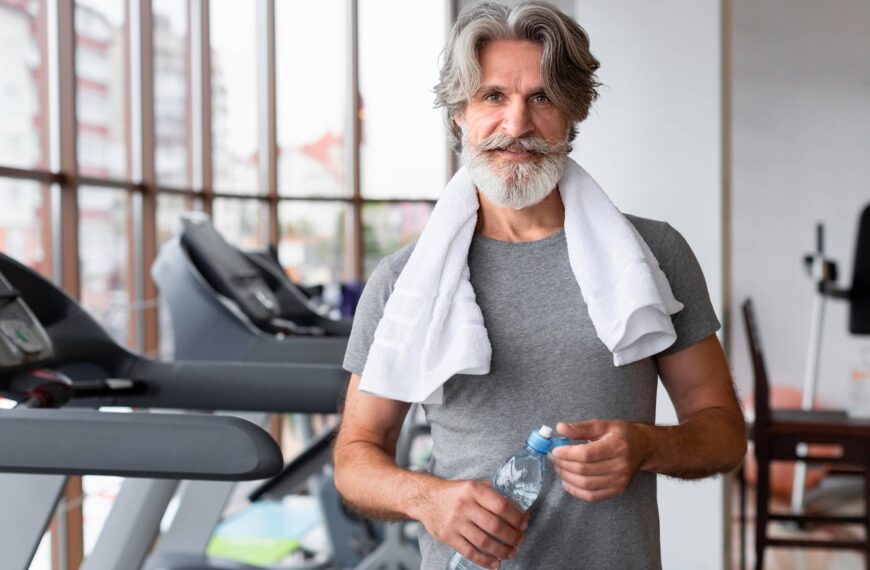 older man in gym with towel