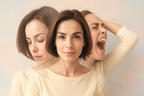 Close-up photo of a young pretty brunette girl who is looking in the camera while internally suffering from a dissociative identity disorder