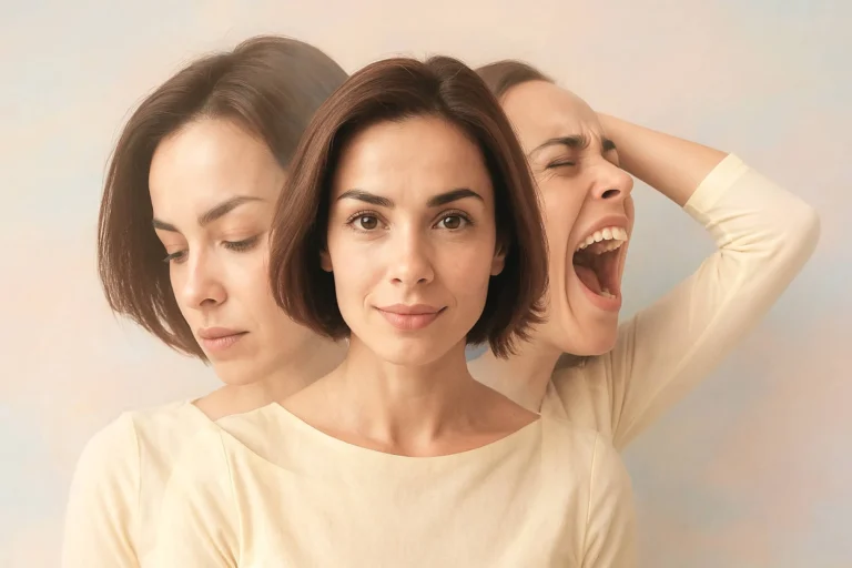 Close-up photo of a young pretty brunette girl who is looking in the camera while internally suffering from a dissociative identity disorder