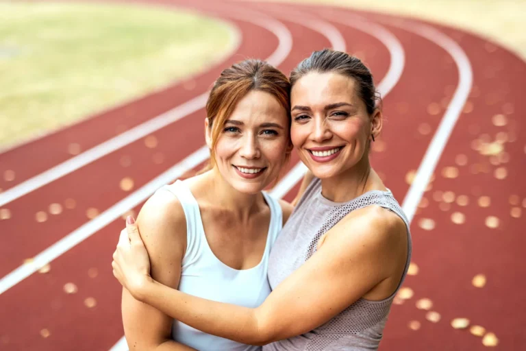 Two Friends Embracing Happily On A Stadium Running Track