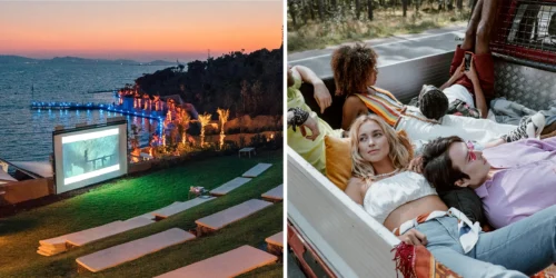 Outdoor cinema and people in a pickup truck