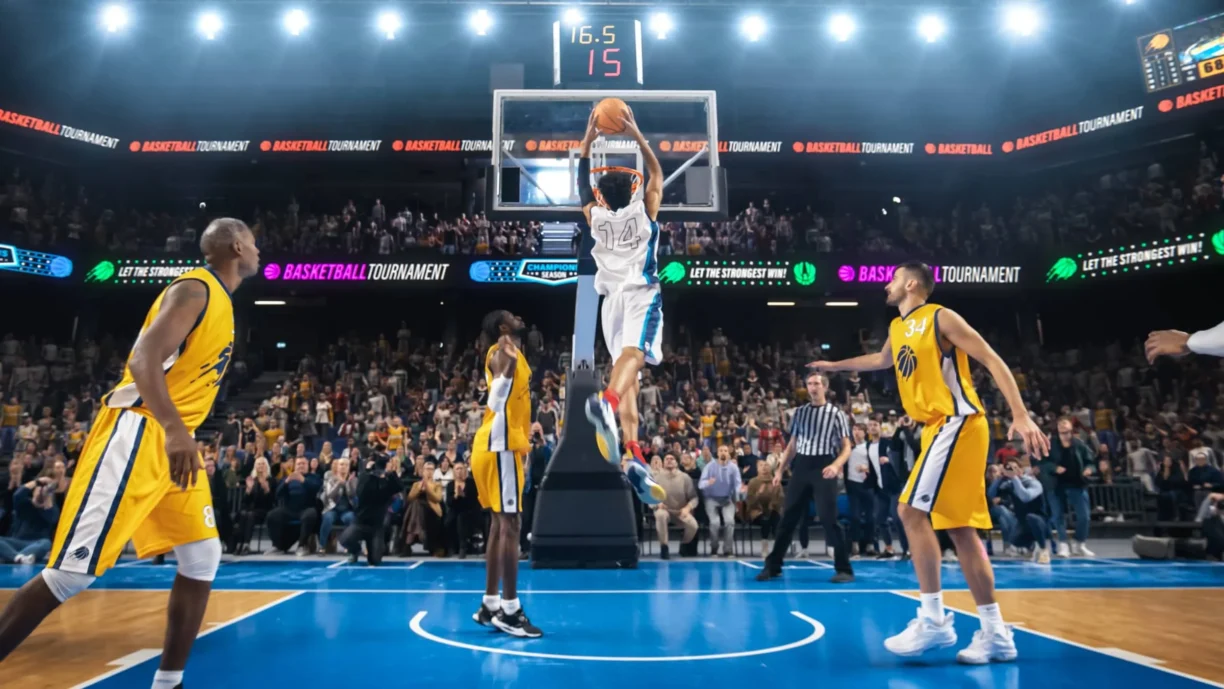 Basketball Player in a White Uniform Catching Pass And Dribbling Past Defence to Score a Skillful Slam Dunk Goal