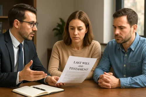 lawyer consulting with a mid-thirties couple over their Last Will and Testament