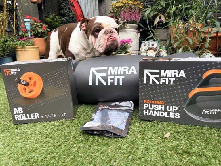 Mirafit Products with bulldog in shot