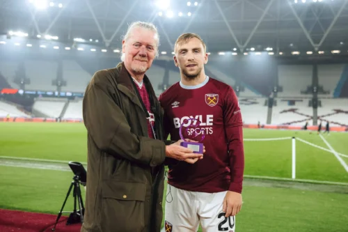 Jarrod Bowen with West Ham Fan David Foster
