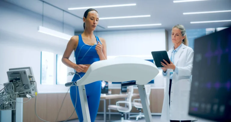 Athlete Performs a Cardiopulmonary Exercise Test on a Treadmill