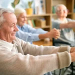 Elderly people in retirement home performing stretching exercises while seated