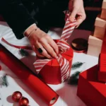 Jane Means wrapping Christmas gifts
