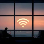 Person at airport on laptop with wifi logo
