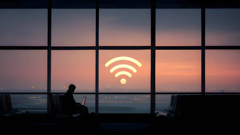Person at airport on laptop with wifi logo